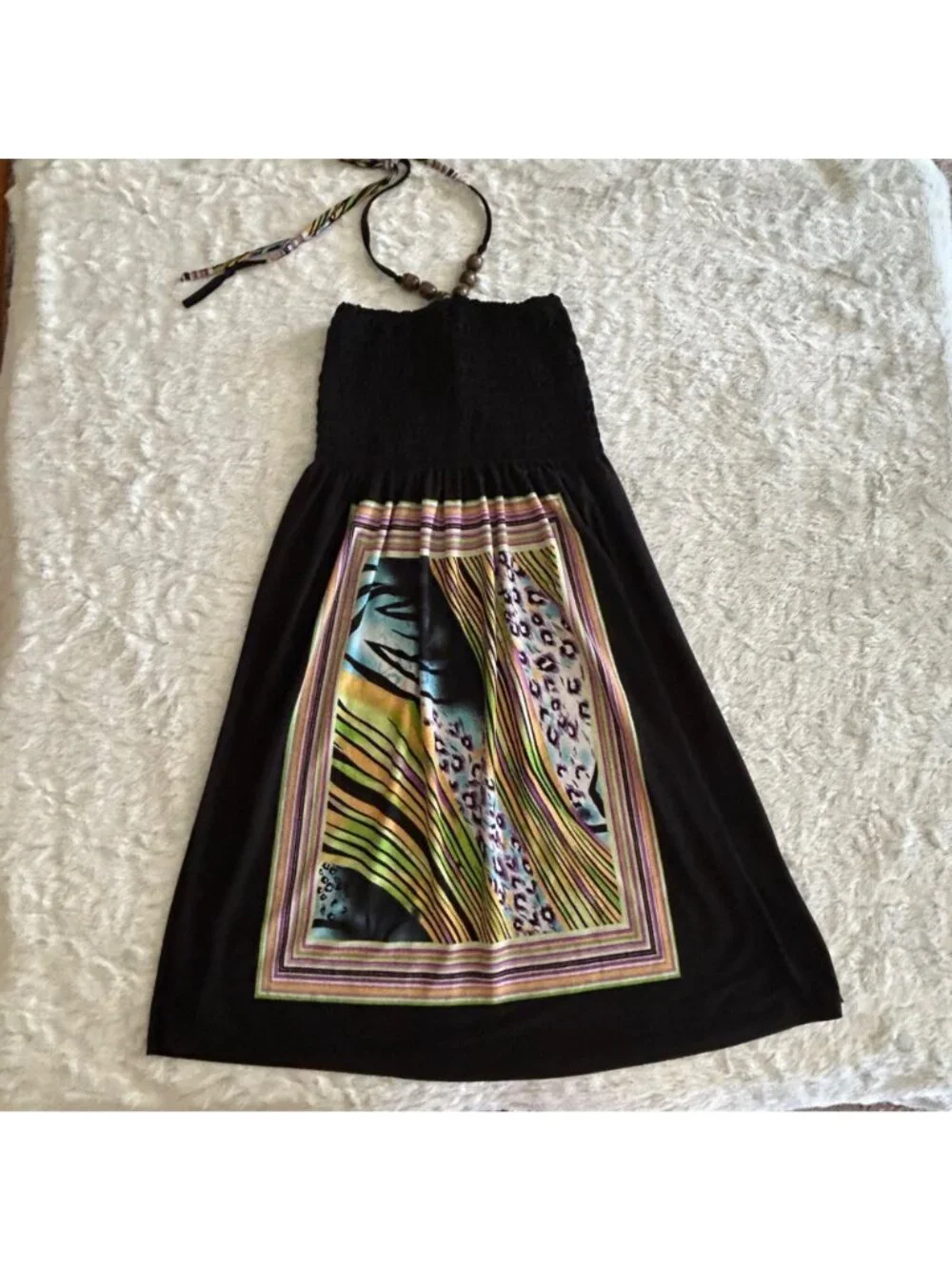 Y2K Black Halter Tube Dress Smocked Bodice Beads Medium